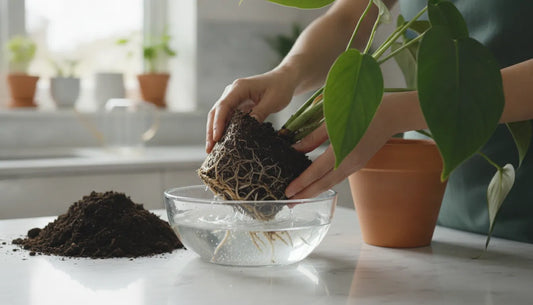 Home gardener repotting a houseplant and rinsing the root ball during root rot recovery