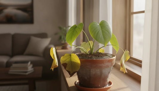 Overwatered indoor plant with yellowing leaves in a pot