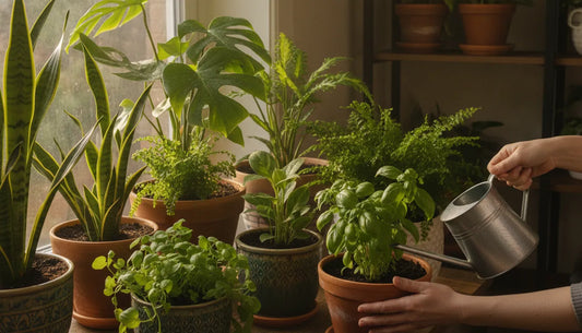 healthy indoor container plants on a bright windowsill