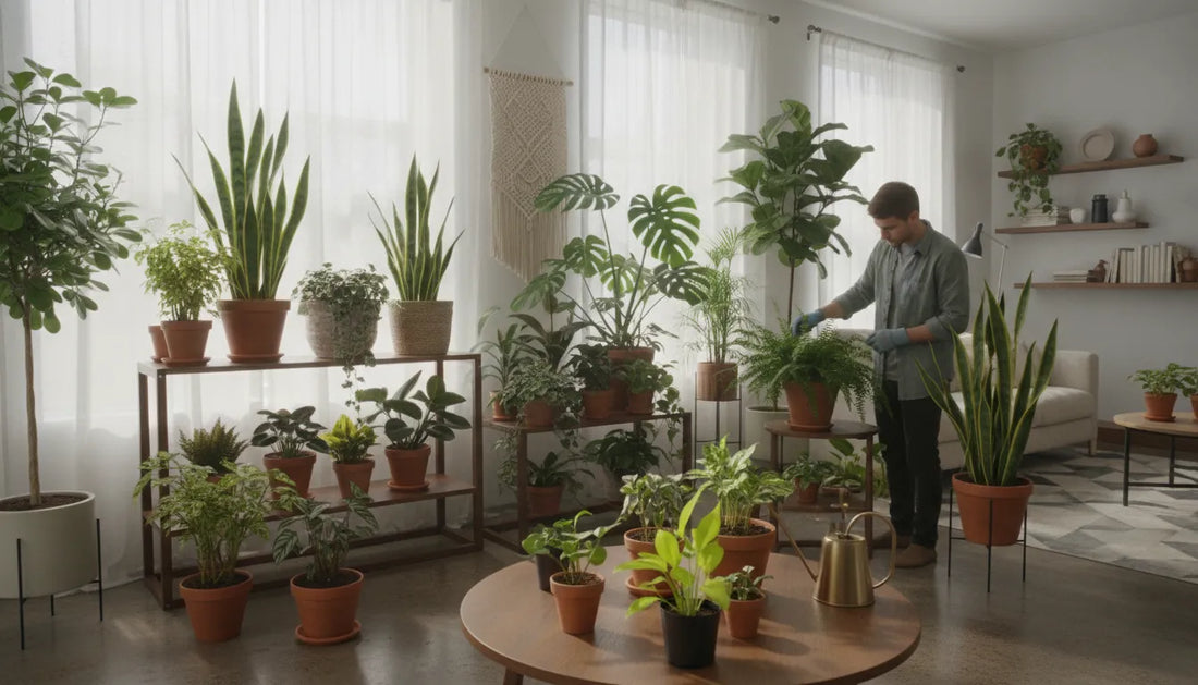 Lush indoor houseplant collection being cared for, showing healthy green leaves and new growth