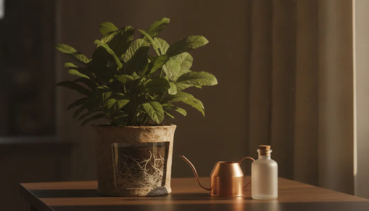 Healthy houseplant beside simple plant care supplies in warm window light