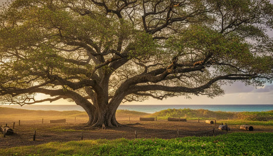 Banyan tree showing new green growth after wildfire stress