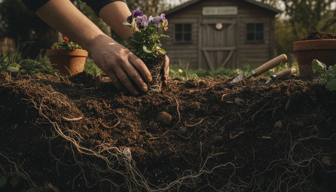 Gardener planting a flowering plant into living soil to support healthy roots