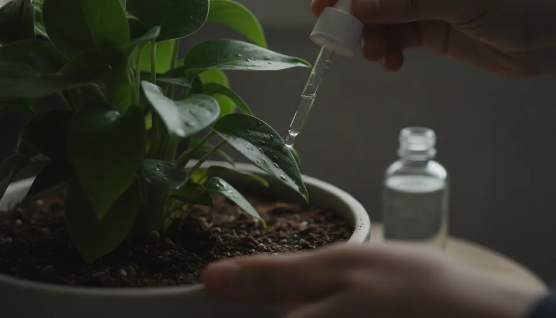 Gardener applying biostimulant to a potted plant