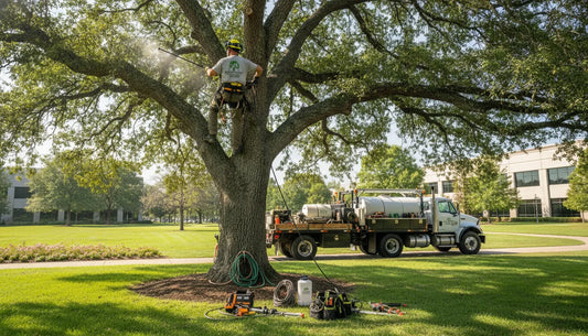 Professional arborist treating a mature tree in a commercial landscape