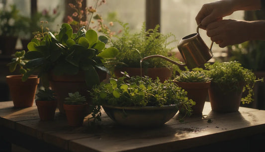 Gardener caring for healthy green container plants with liquid plant care