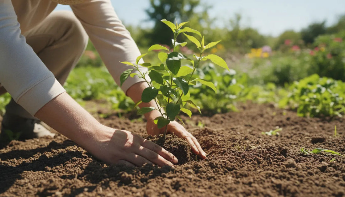 Home gardener transplanting a young sapling into prepared garden soil