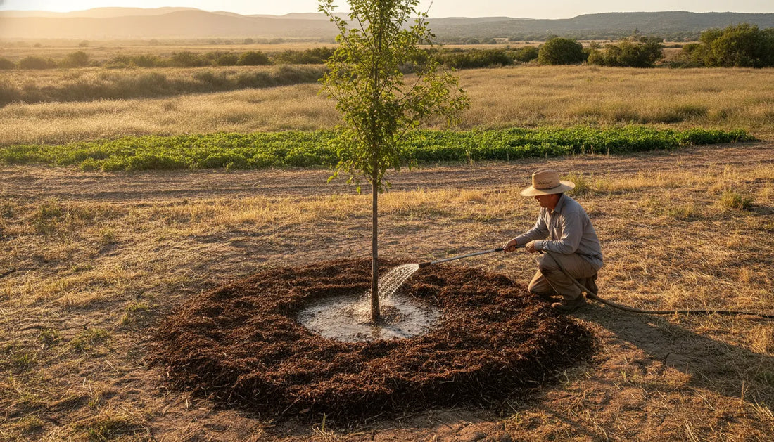 Newly planted tree receiving root-zone care in a hot, dry landscape
