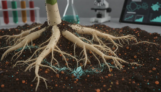 Close-up of healthy plant roots in nutrient-rich soil showing biostimulant root development