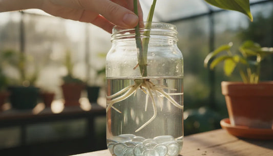 Plant cutting developing roots in propagation medium