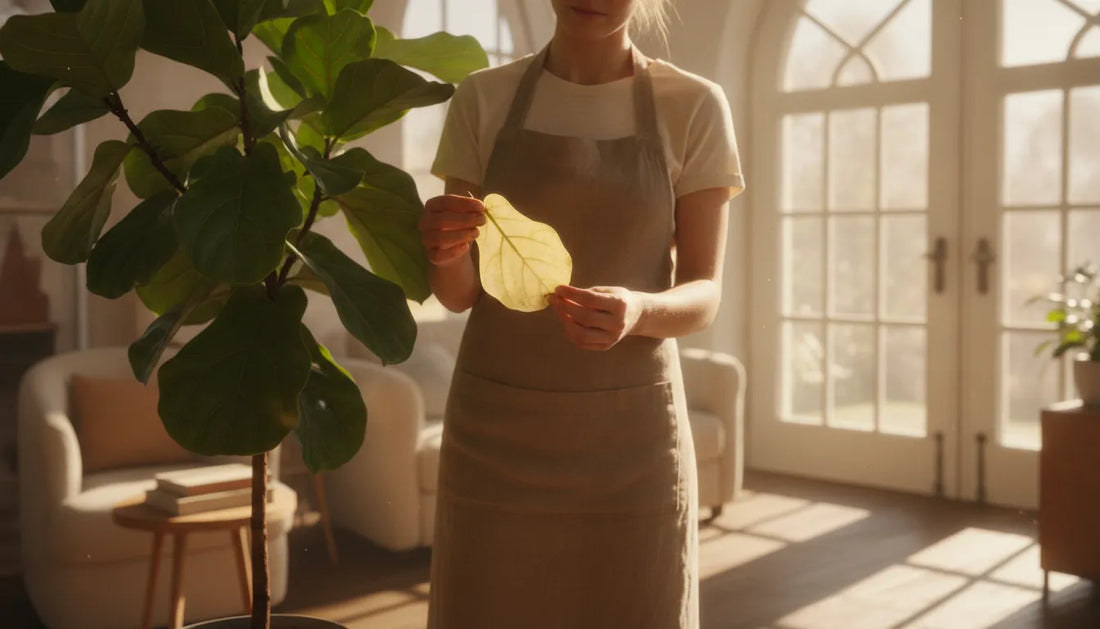 mitogrow plant owner inspecting a yellow leaf on an indoor houseplant