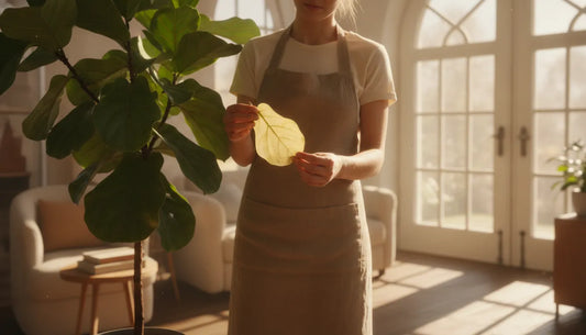 mitogrow plant owner inspecting a yellow leaf on an indoor houseplant